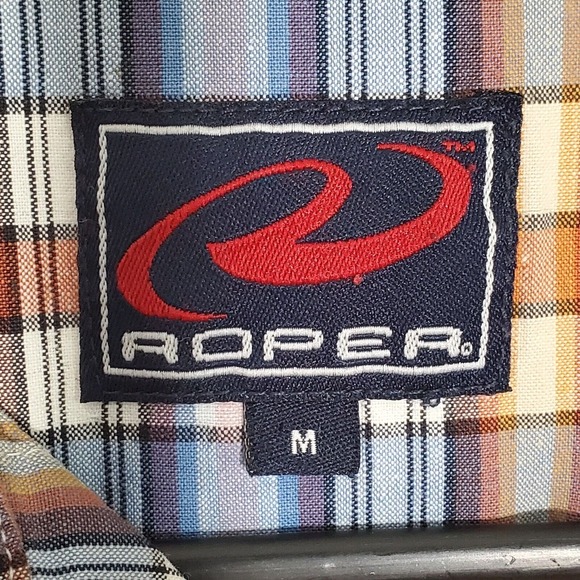 Roper Men Plaid‎ Snap Shirt Size Medium Blue Brown Long Sleeve Western Cowboy - Picture 5 of 12